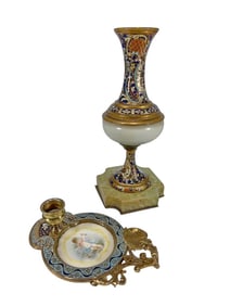 French Champleve, Onyx Vase & Candlestick 2pc LOT