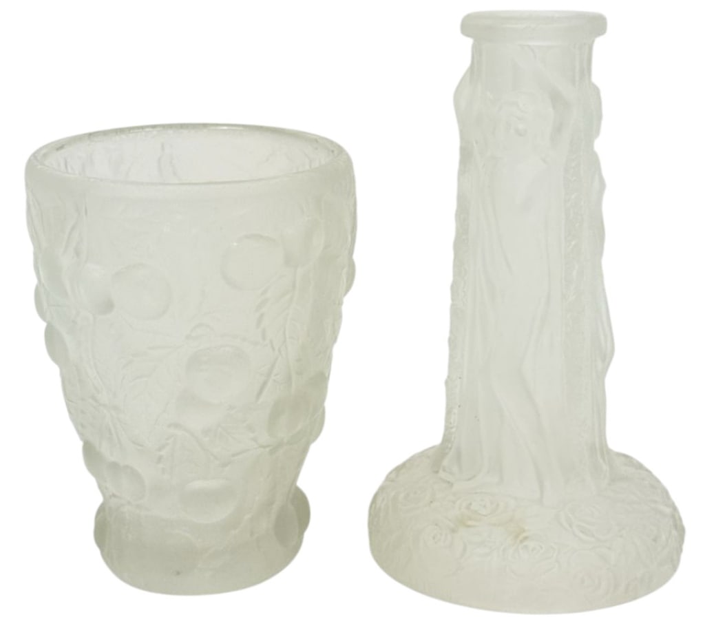 Czech Art Glass Cherry Vase & Nude Figural Vessel: Lot of two vintage Czech frosted art glass items. One features a relief design of cherries and leaves, and the other depicts nude female figures on a floral base. Circa: mid-20th century. The largest 