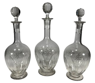 Baccarat French Floral Motif Glass Decanters 3pcs