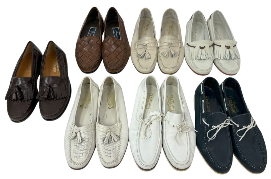 Salvatore Ferragamo & Bolognese Loafers 7 Pair LOT: Collection of seven pairs of mens designer loafer shoes. Six of the pairs are by Salvatore Ferragamo and the seventh pair is by Bolognese. Size 9.5. Each shoe measures approximately 3.5 inches by 11.2
