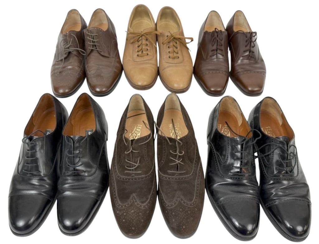 Salvatore Ferragamo Leather Dress Shoes 6 Pair LOT: Salvatore Ferragamo lot of six pairs of mens Italian lace-up dress shoes. Styles include cap-toe, wingtip, and plain-toe designs in black, brown, tan, and suede. Sizes 9.5.Condition: Good to fair over