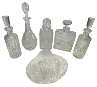Clear Cut Crystal Basket & Decanters 6pc LOT