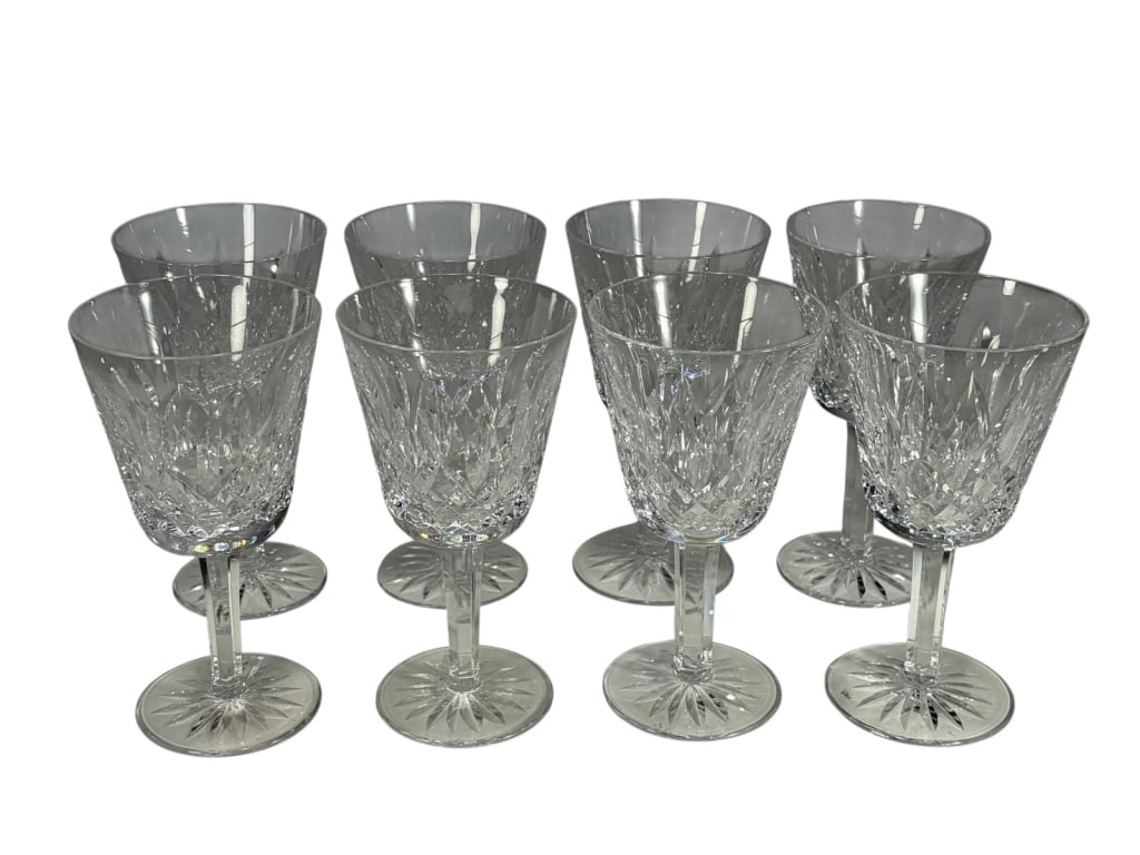 Waterford Lismore Crystal Wine Glasses 8pc LOT: Set of eight Waterford crystal wine glasses in the Lismore pattern. Etched 'Waterford' hallmark visible on the bases. Each piece measures approximately 5.75 inches high by 3 inches wide by 3 inches de