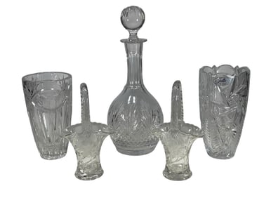 Clear Crystal Decanter, Basket & Vases 5pc LOT