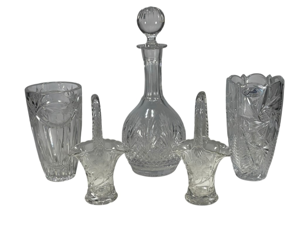 Clear Crystal Decanter, Basket & Vases 5pc LOT (1 of 7)