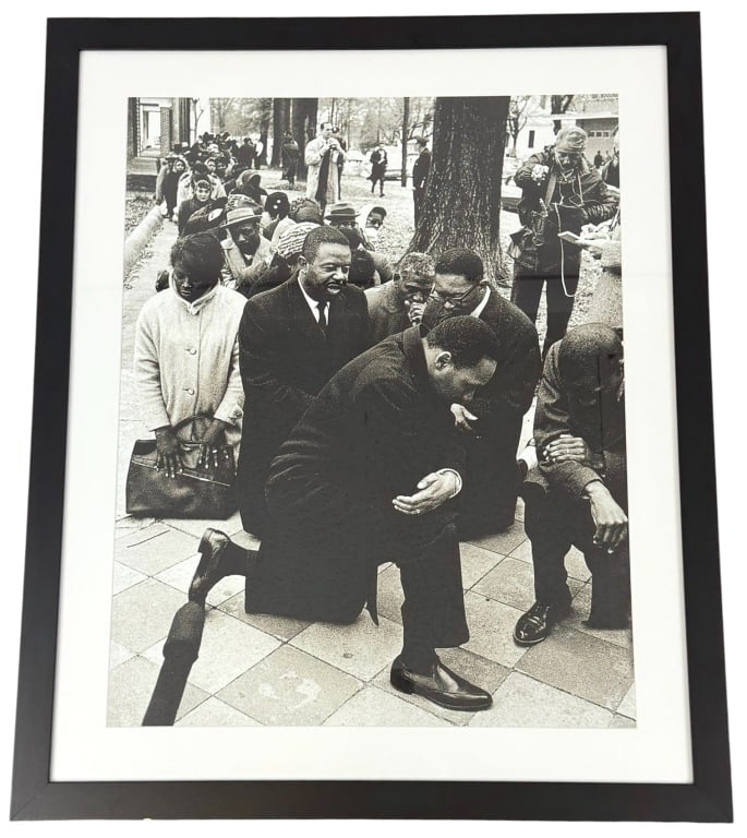 B&W Civil Rights Demonstration Photographic Print: Powerful black and white photographic print depicting participants in a civil rights demonstration, including Martin Luther King Jr., kneeling in prayer and protest. The image captures a moment of sol