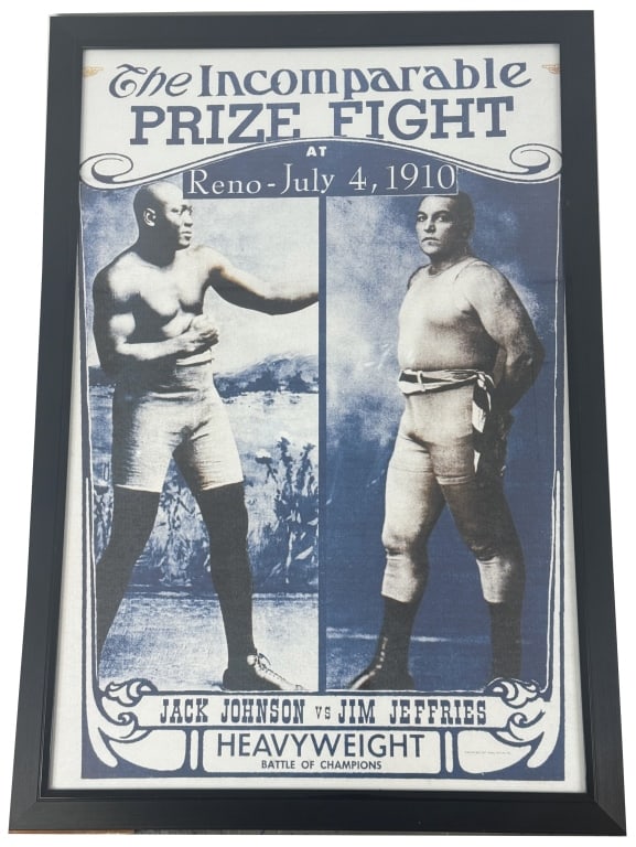 Johnson v Jeffries Heavyweight Boxing Poster Print: Framed reproduction promotional poster print for the historic heavyweight championship fight between Jack Johnson and James J. Jeffries, held July 4, 1910, in Reno, Nevada. Titled The Incomparable Pri