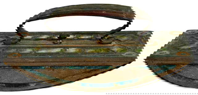 Louis C. Tiffany Deco Bronze Favrile Rocker Blotter: Antique Louis Comfort Tiffany Furnaces, Inc. Art Deco rocker blotter. Crafted with green favrile glass inlaid in a hammered cast bronze body. Circa: 1920s. Bears incised stamp markings underneath the