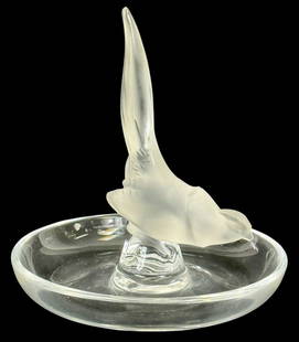 Lalique French Crystal 'Pheasant' Pin / Ring Tray: Lalique clear to frosted French crystal figural pheasant pin tray. Signed 'Lalique France' in script underneath its base. Circa: late 20th century.Dimensions: 4 X 3.75 X 3.75 in. Condition: Good