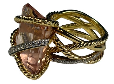 David Yurman 18 K Gold, Morganite & Diamonds Ring