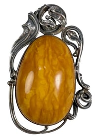 Silver & Yolk Amber Cabochon Stone Brooch