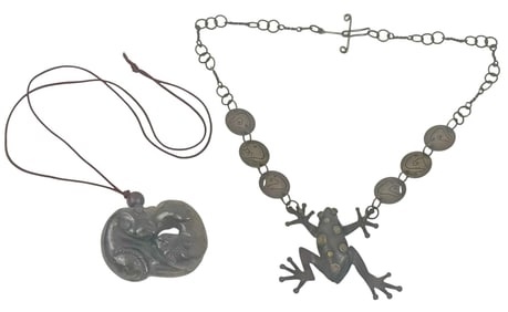 Bronze Frog Motif & Jade Stone Pendant Necklaces