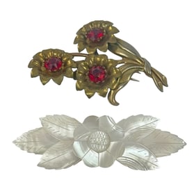 Vintage MOP & Rhinestone Floral Pin Brooches 2pcs