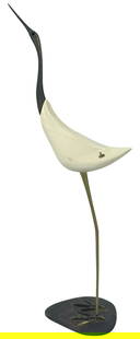 De Stijl Firenze Italian Mid Century Bird Figure: De Stijl Firenze mid-century modern Italian stork sculpture, featuring a minimalist design. Crafted with a white glazed ceramic body; accented by brass legs, beak, and base. Retains the artist's
