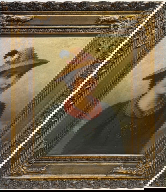 Georg Fishhof (1859-1914) Oil Painting on Canvas: Georg Fishhof (Austrian, 1859 - 1914) oil painting on canvas portrait of a young woman in traditional attire, green dress embroidered with flowers, red scarf, and straw hat with feather. Signed upper