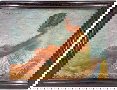 F. de Beauclair Oil Painting on Canvas SIGNED: Oil painting on canvas depicts a seated young figure in profile, draped in a yellow wrap, positioned on a patterned textile against a soft blue-toned background. Signature upper left reads 'F. de