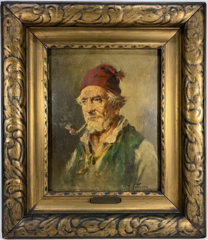 Domenico Forlenza Italian Portrait Oil on Wood: Domenico Forlenza (Italian, 1880-1934) oil painting on wood portrait of an older man with white hair and beard, wearing a red cap and green vest, shown half-length with a pipe. Signed to the lower rig