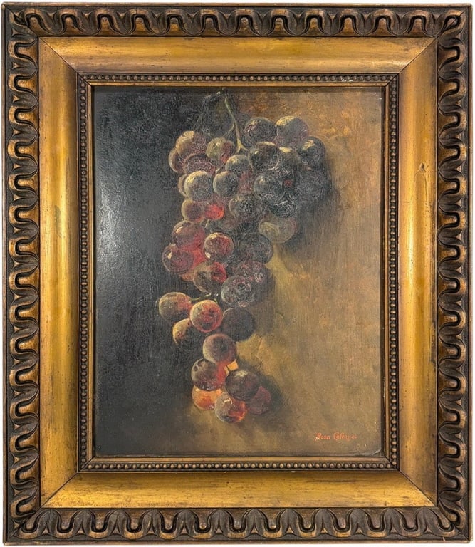 Rosa Calcagno Still Life Oil Painting on Wood: Rosa Calcagno still life oil painting on wood depicting a hanging cluster of ripe grapes in rich tones of purple, red, and deep brown against a warm background. Signed lower right 'Rosa Calcagno' in r