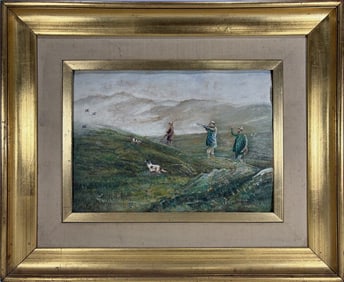 Framed Hunting Scene Oil Painting on Cardboard