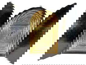 Antique Russian or Greek Religious Icon: Antique Russian or Greek Wood panel icon of a saint, with hand-painted features beneath a detailed brass oklad with repousse patterns and gilt relief of the Holy Spirit, housed in a black arched tript