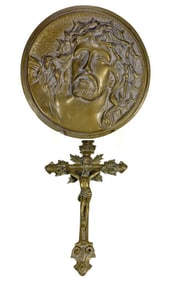 Jesus Religious Bronze Cross & Plaque 2pc LOT
