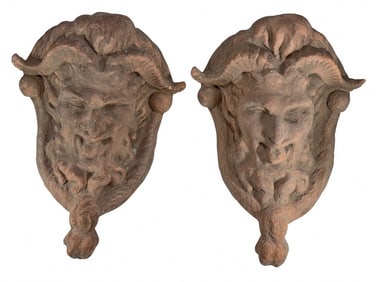 Pair of Satyr Bacchus Cement Wall Plaques Reliefs