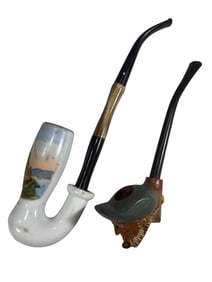 English Wood & German Porcelain Pipes 2pc LOT