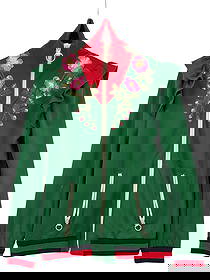 Gucci 'Hollywood' Embroidered Zip-Up Jacket: Gucci embroidered zip-up jacket features a vibrant green body with red ribbed collar and striped cuffs, and exquisite floral embroidery at the shoulders. The back displays a large 'HOLLYWOOD' applique