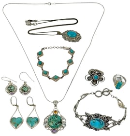 Sterling Silver & Turquoise Jewelry Suite 8pc LOT