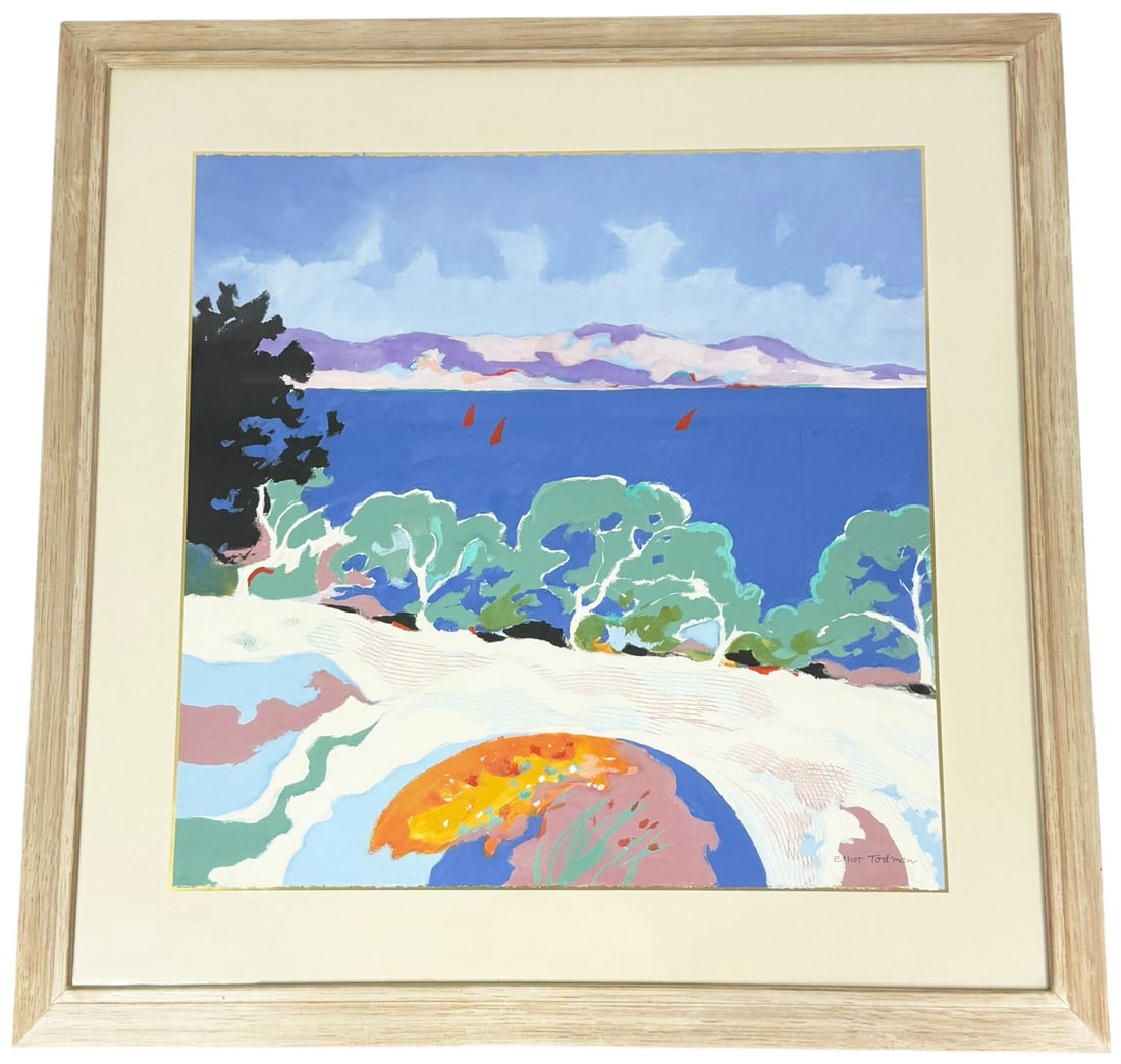 Elliot Todman 'Red Sails' Mixed Media SIGNED: Elliot Todman (American, 20th/21st Century) coastal landscape mixed media on paper titled 'Red Sails'. Hand signed to the lower right corner. Presented in a light wood-tone frame with cream matting. R
