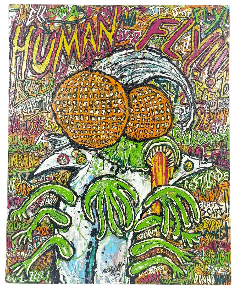 Pablo Castillo Human Fly 2013 Mixed Media Painting: Pablo Castillo (Mexican/American, 20th century) mixed media painting on canvas titled 'Human Fly'. This work features a surreal, comic-inspired figure rendered in bold, fluorescent colors and heavy im
