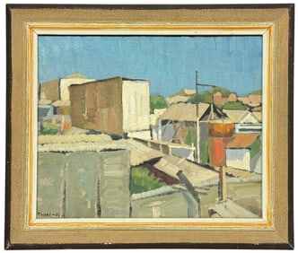 Mid Century 'Urban Rooftops' Oil Painting SIGNED