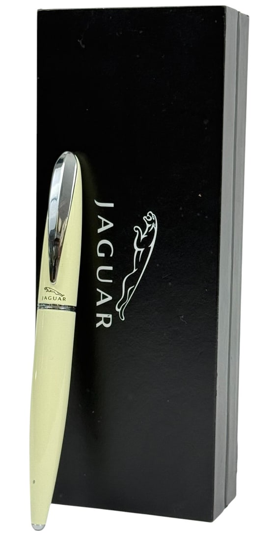 Jaguar Luxury Cream Ballpoint Pen w/ Card & Box: Jaguar luxury ballpoint pen featuring a cream lacquer body with polished chrome accents and the signature Jaguar leaping cat logo engraved near the clip. Comes with its original black presentation box