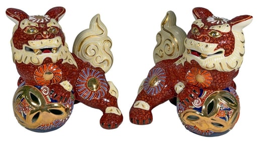 Red & Gold Chinese Ceramic Shishi Foodogs 2pc LOT