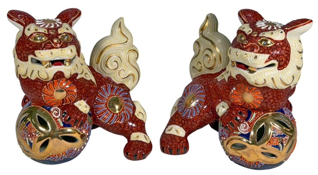 Red & Gold Chinese Ceramic Shishi Foodogs 2pc LOT (1 of 4)