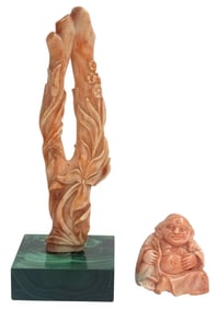 Chinese Angel Skin Coral Hand Carvings 2pc LOT