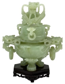 Chinese Carved Green Jade Lidded Dragon Censer
