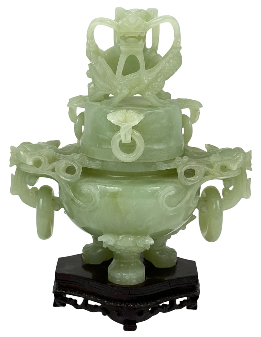 Chinese Carved Green Jade Lidded Dragon Censer (1 of 6)