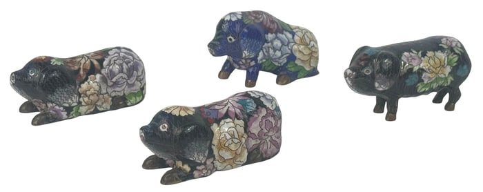 Chinese Cloisonne Enamel Pig Figurines 4pc SET