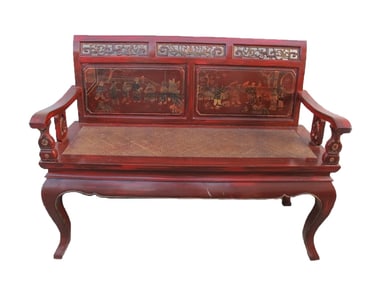 Chinese Red Lacquer Wood & Wicker Bench