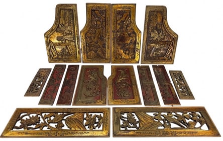 Antique Chinese Gilt Carved Wood Panels 14 pc LOT