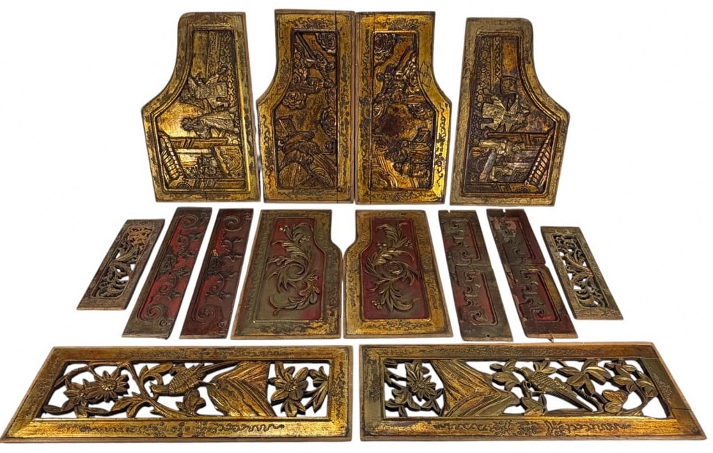 Antique Chinese Gilt Carved Wood Panels 14 pc LOT (1 of 8)