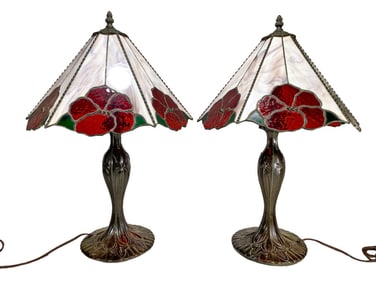 Pair of Handle Style Slag Glass & Metal Lamps