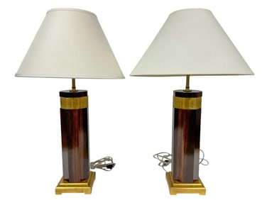 Pair of Mid-Century Style Wood & Brass Table Lamps