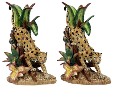 Pair of Fitz & Floyd Jaguar Jungle Ceramic Vases