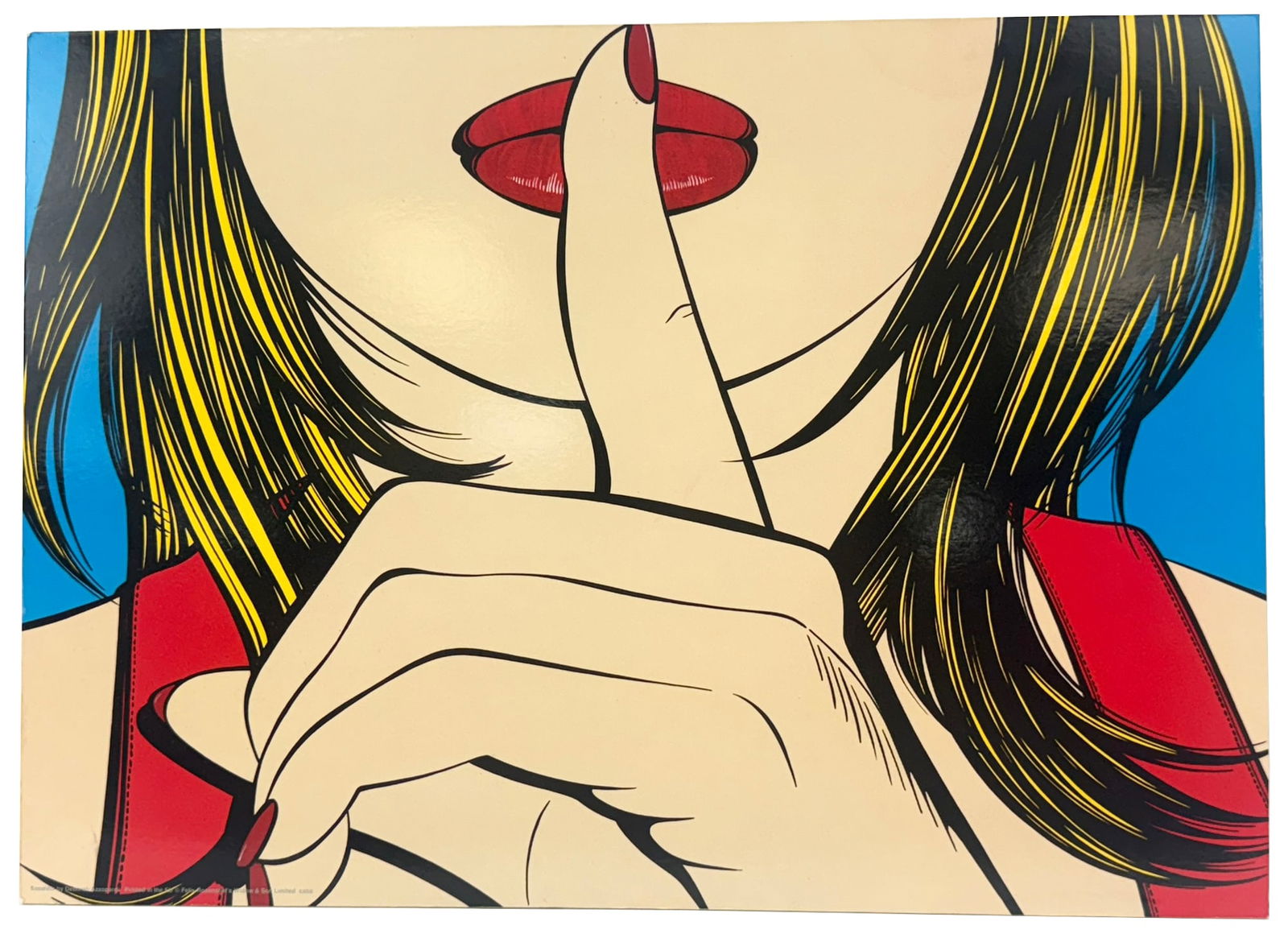 Deborah Azzopardi 'Ssshh!' Vintage Pop Art Print: Deborah Azzopardi (British, born 1958) vibrant pop art print titled 'Ssshh!'. Depicting a close-up of a woman holding a finger to her red lips. Rendered in Azzopardis signature comic book style with b