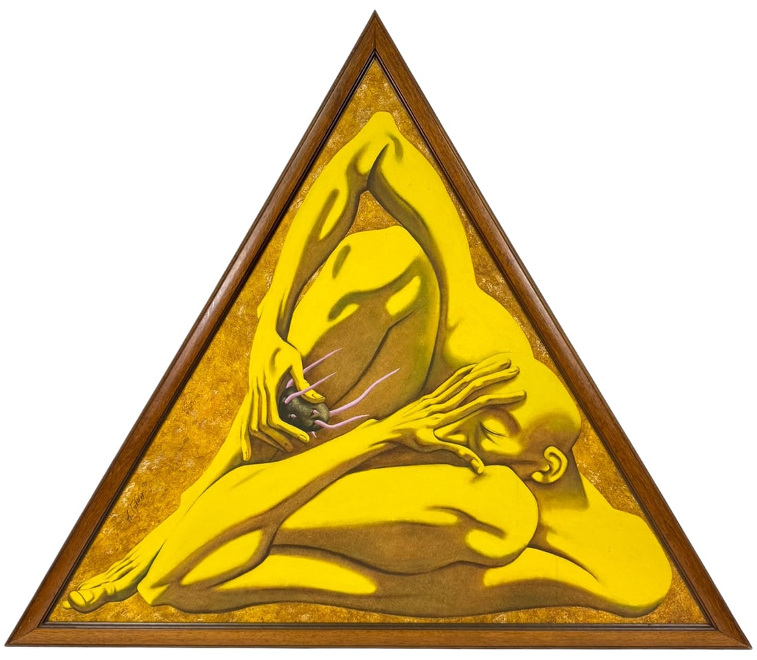 Modernist Abstract Nude Male Triangle Oil Painting: Triangular shaped Russian oil painting on canvas depicting a yellow nude male figure, crowded into the form of the canvas and frame. Hand signed to the lower margin, titled and bears a handwritten ded