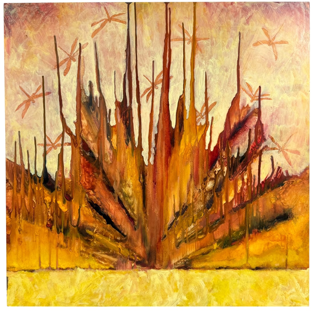 Lauren Holden Dragonflies Rising Oil Painting: Lauren Litwa Holden (American, 20th/21st century) atmospheric abstract oil painting on board featuring an array of elongated, flame-like vertical forms in warm earth tones. Hand signed to verso. Dimen