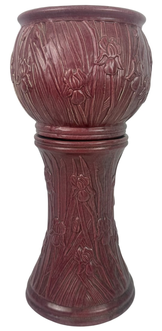 Vintage Burgundy Pottery Jardiniere & Pedestal Set: Vintage burgundy pottery jardiniere and pedestal set, featuring a raised iris flower and leaf motif in a rich matte glaze. The matching pieces are beautifully detailed, with the irises wrapping around