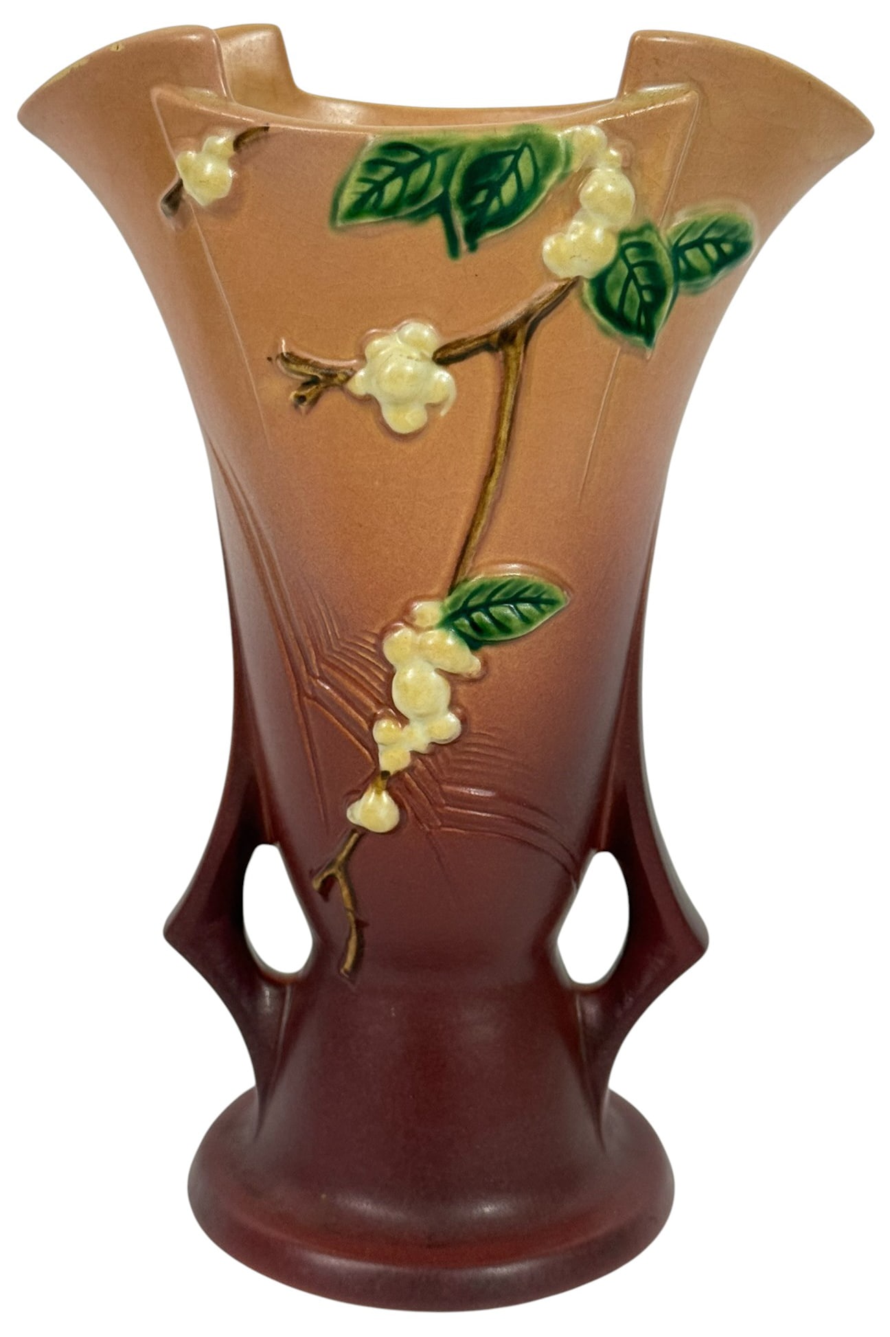 Roseville American Pottery 'Snowberry' Vase #1V-10: Roseville Pottery 'Snowberry' vase, featuring raised white snowberry clusters with green leaves on a soft pink-to-burgundy gradient glaze. This elegant Art Deco-style vase has distinctive open double